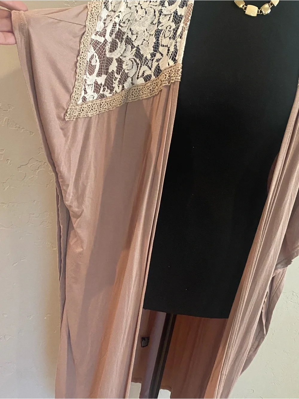 POL Dusty Mauve/ Taupe Draped Sleeveless Kimono w/ Antique White Lace Yoke SM. - Picture 3 of 7